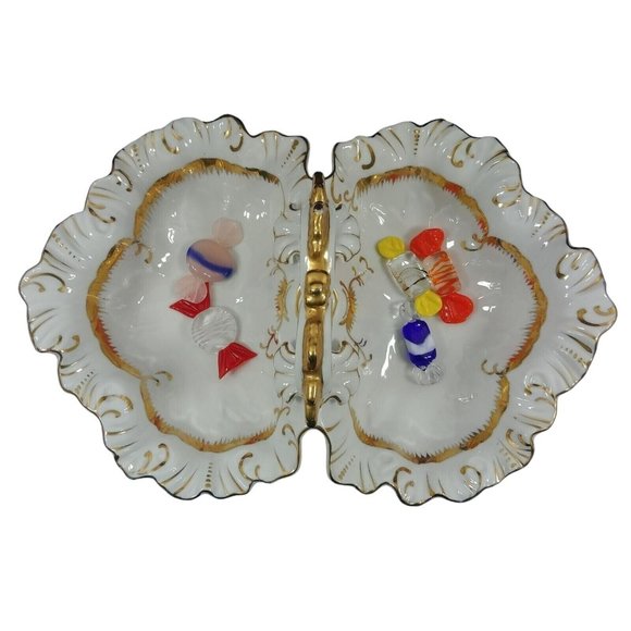 Divided Serving Dish w/ Center Handle Stamped #7608 Bright Gold Trim - Picture 12 of 12